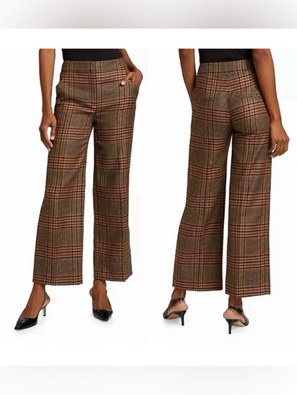 Veronica Beard Brixton Plaid Wide-Leg Trousers- Camel, Black & Burgandy, Size 6